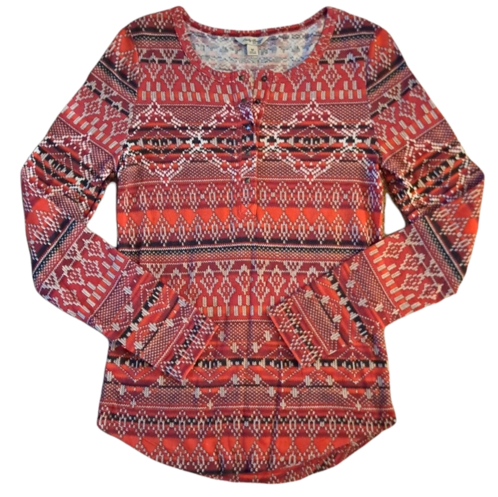 Lucky Brand Geometric Print Curved Hem Crew Neck Long Sleeve Thermal Top